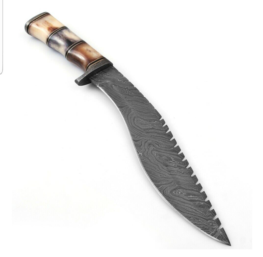 HAND FORGED DAMSACUS Steel KUKRI Hunting Knife Burnt Bone Handle With Sheath
