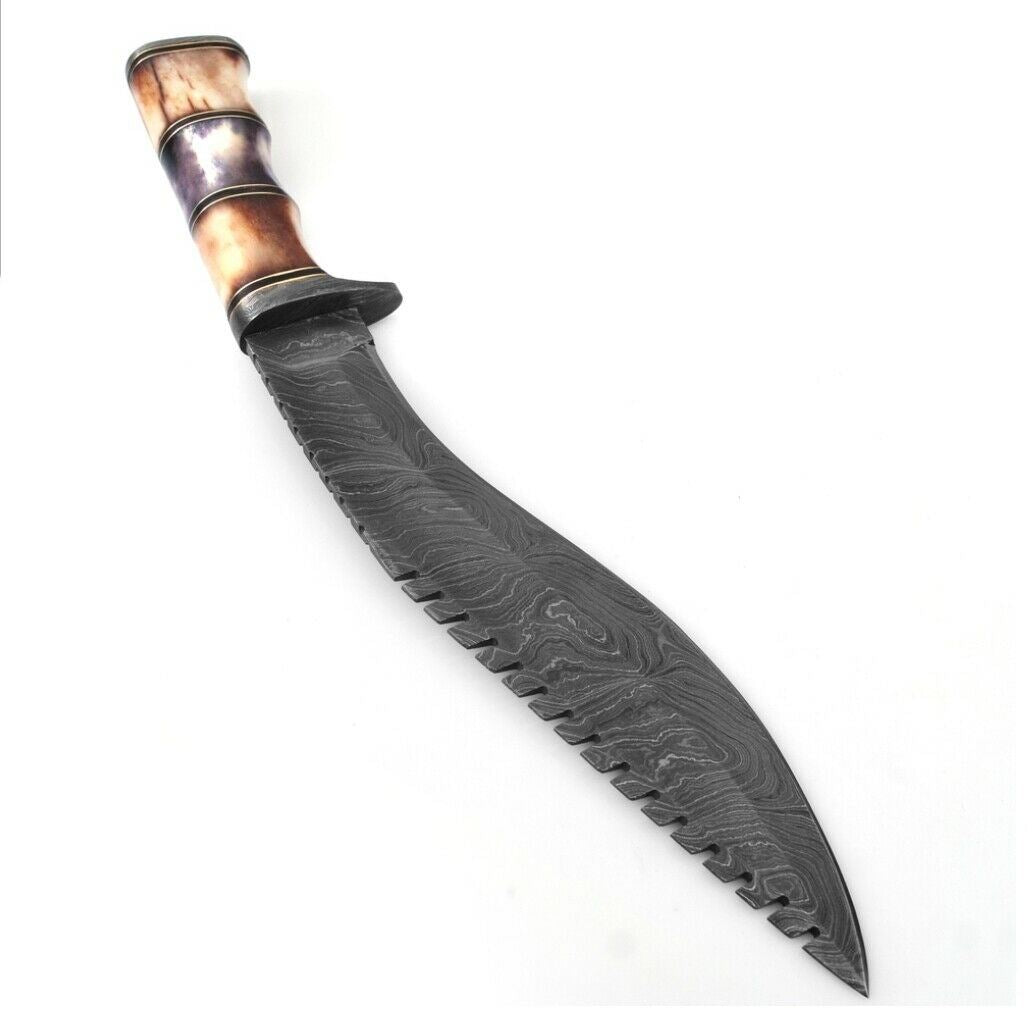HAND FORGED DAMSACUS Steel KUKRI Hunting Knife Burnt Bone Handle With Sheath