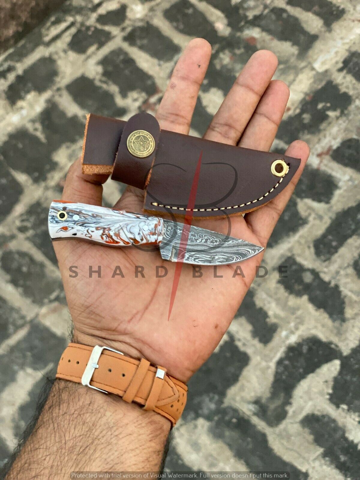 4.5" Handmade Damascus Steel Mini Neck Skinner Knife "Resin Handle" With Sheath