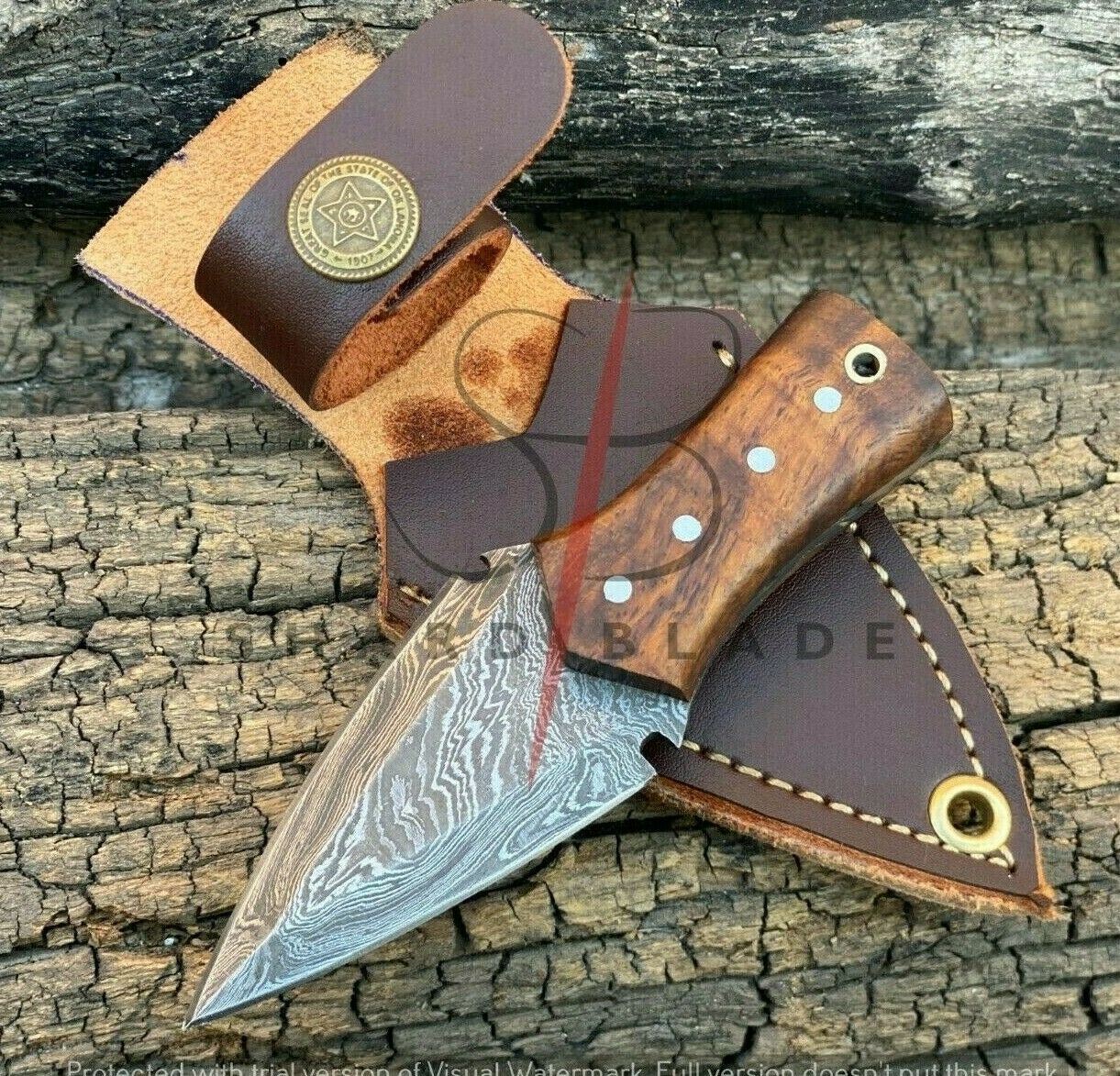 4.5" Handmade Damascus Steel Mini Neck Dagger Knife "Rose Wood Handle"