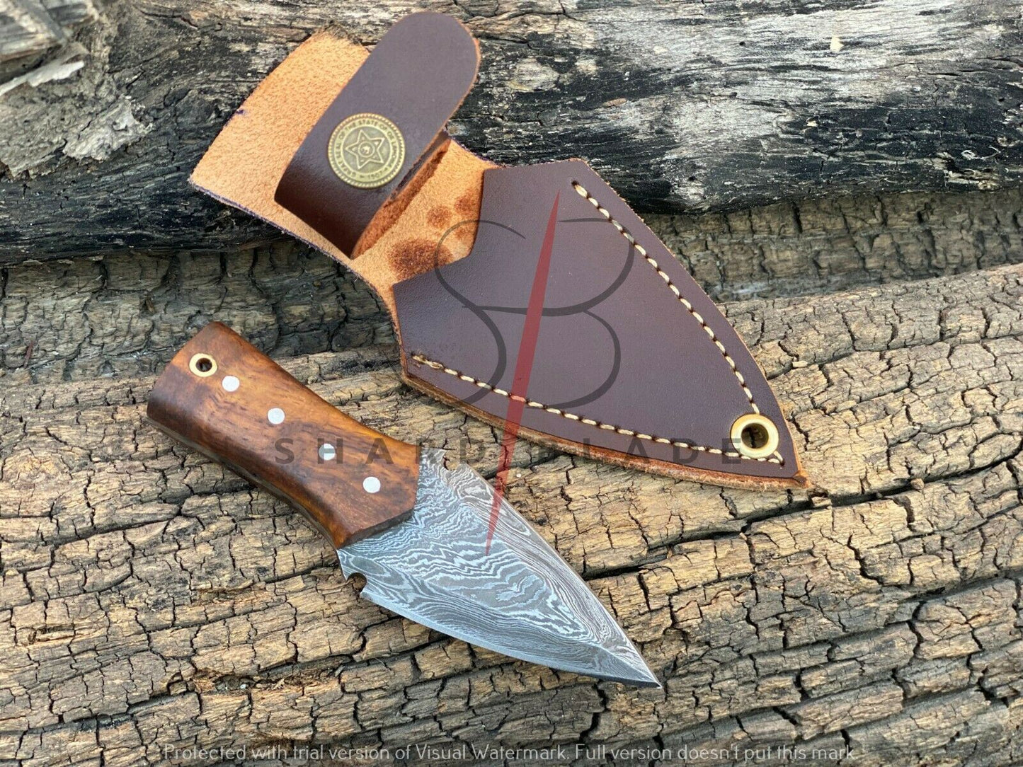 4.5" Handmade Damascus Steel Mini Neck Dagger Knife "Rose Wood Handle"