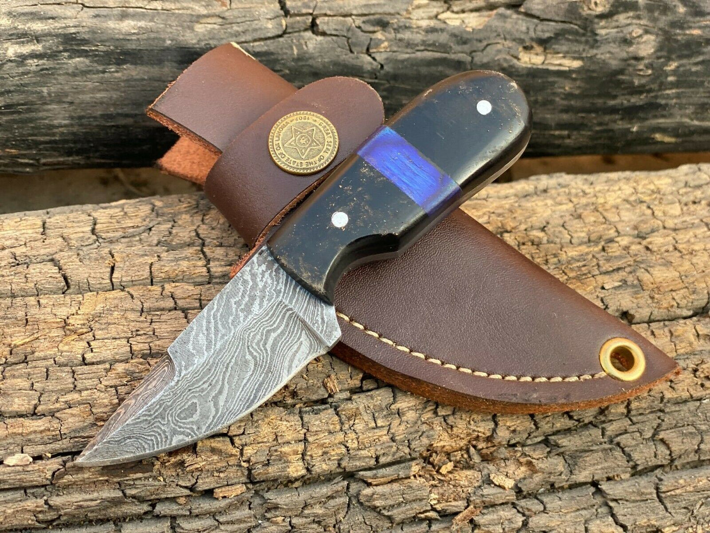 4.5" Handmade Forged Damascus Steel EDC Mini Neck Knife"Buffalo Horn Handle