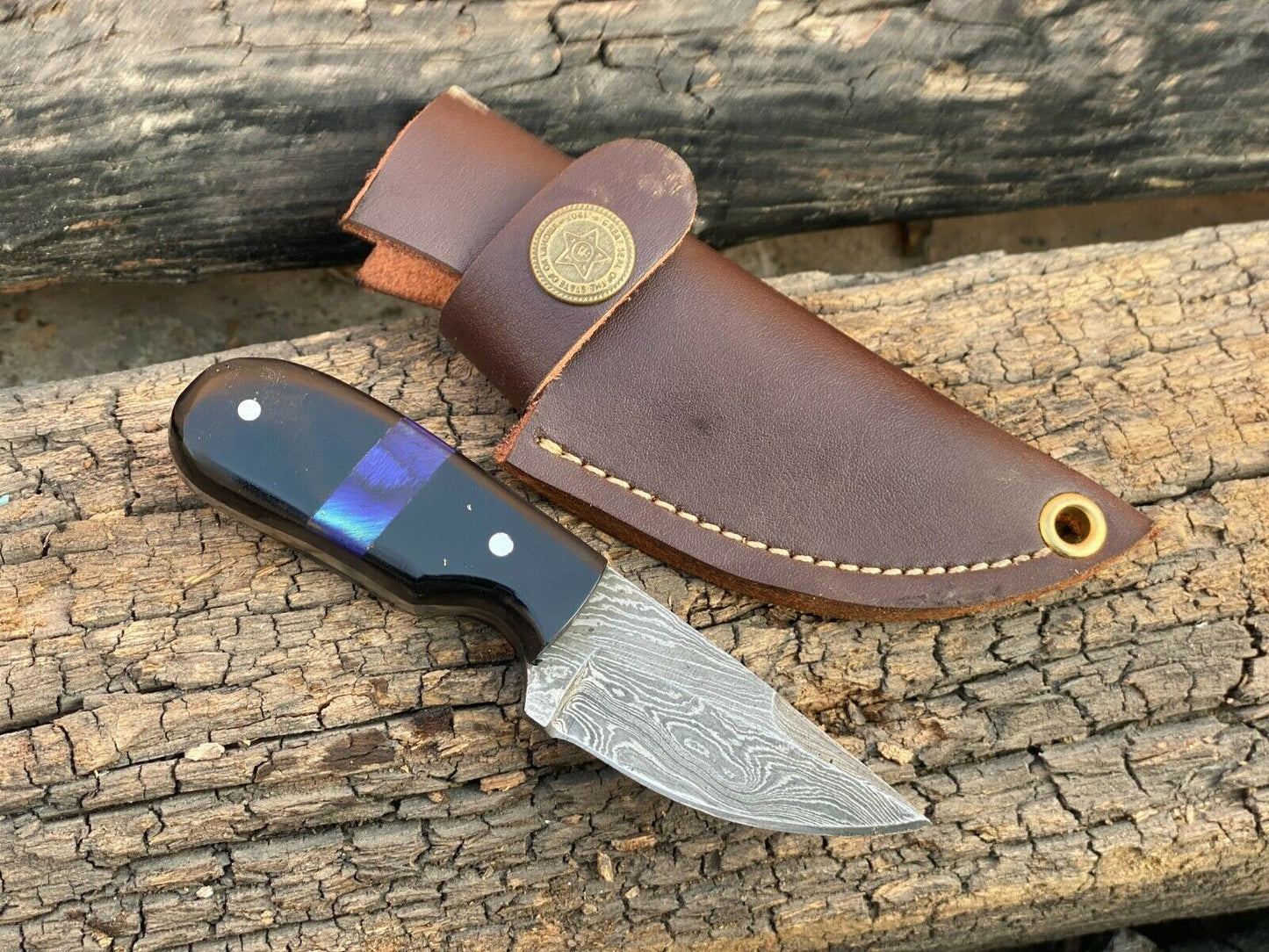 4.5" Handmade Forged Damascus Steel EDC Mini Neck Knife"Buffalo Horn Handle