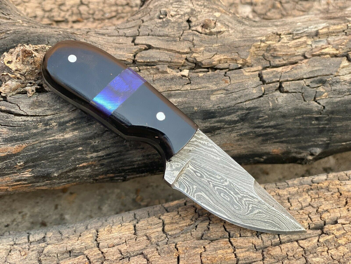 4.5" Handmade Forged Damascus Steel EDC Mini Neck Knife"Buffalo Horn Handle