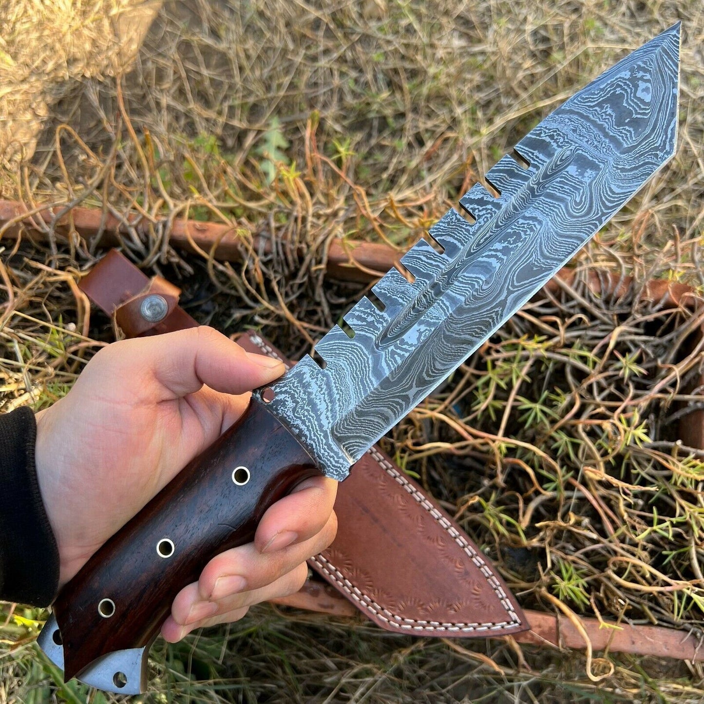 13" SHARDBLADE HAND FORGED Damascus Steel Bowie Hunting Knife Rose Wood Handle