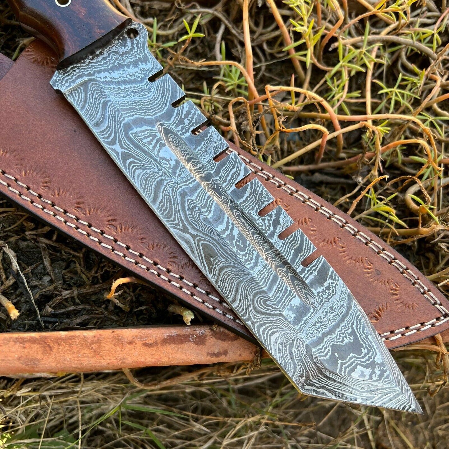 13" SHARDBLADE HAND FORGED Damascus Steel Bowie Hunting Knife Rose Wood Handle