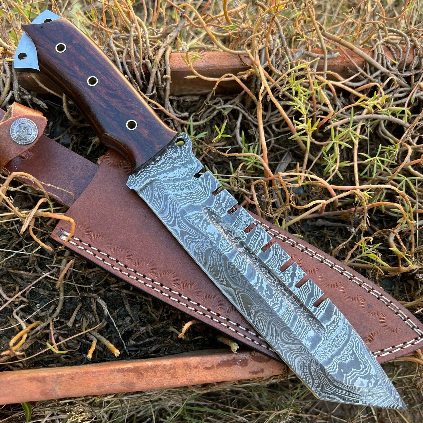 13" SHARDBLADE HAND FORGED Damascus Steel Bowie Hunting Knife Rose Wood Handle