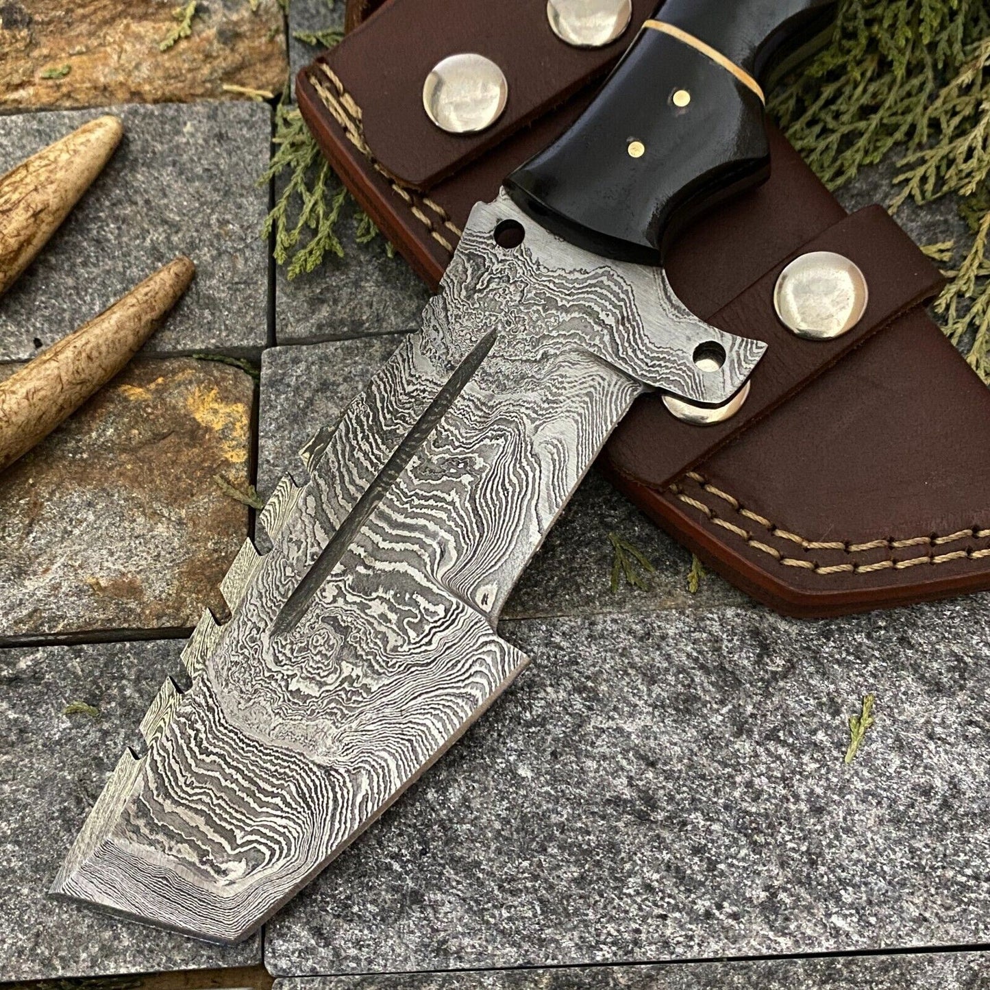 SHARDBLADE CUSTOM HAND FORGED DAMASCUS STEEL TRACKER HUNTING KNIFE WITH SHEATH