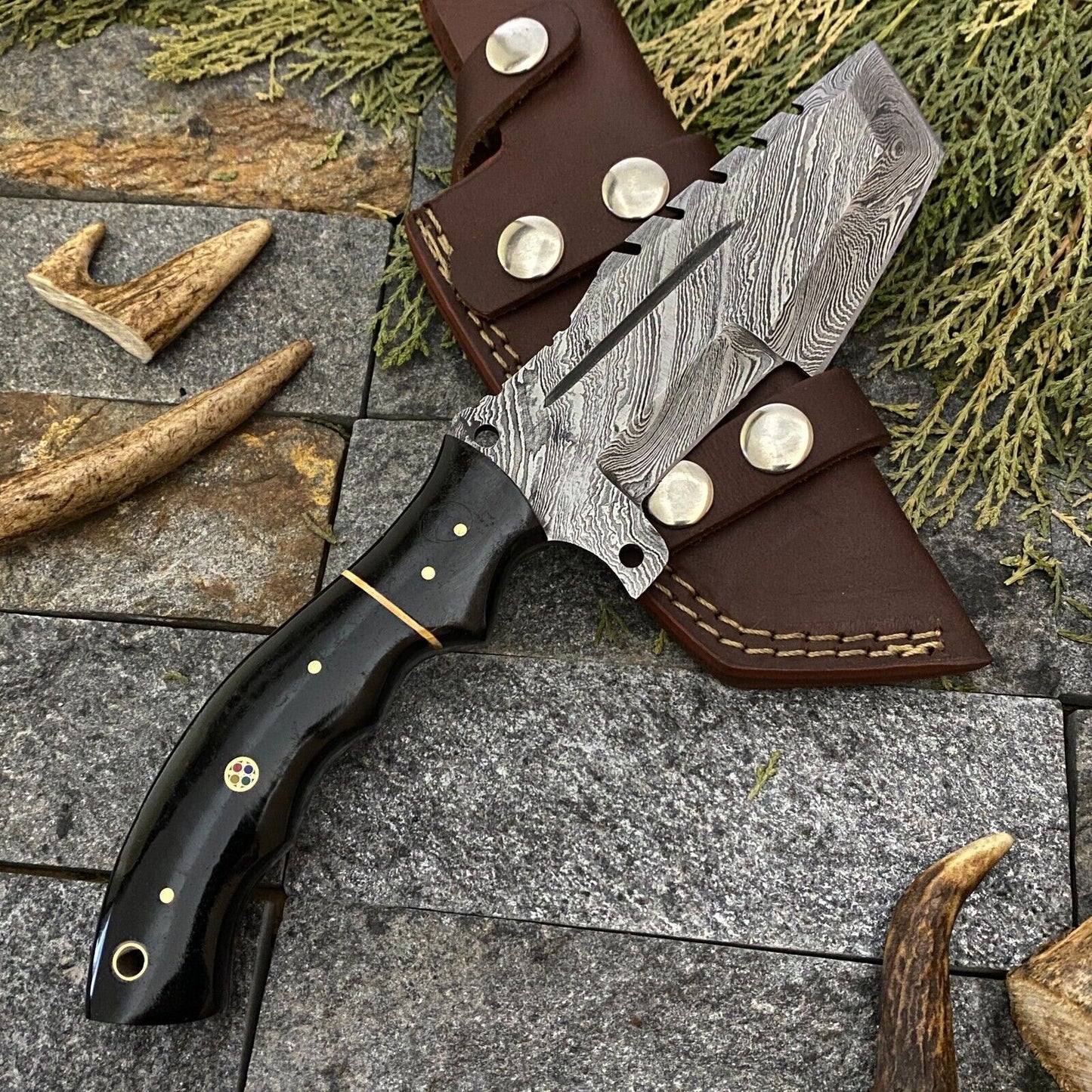 SHARDBLADE CUSTOM HAND FORGED DAMASCUS STEEL TRACKER HUNTING KNIFE WITH SHEATH