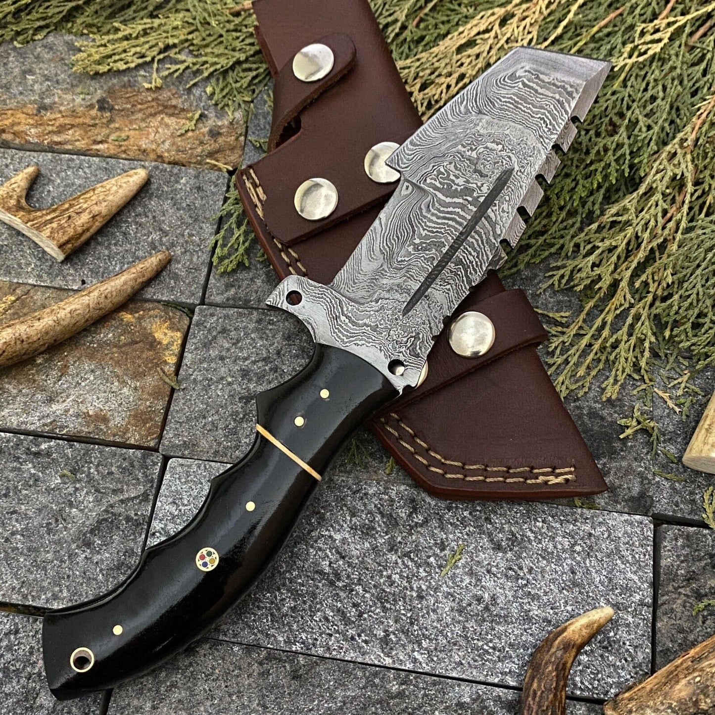 SHARDBLADE CUSTOM HAND FORGED DAMASCUS STEEL TRACKER HUNTING KNIFE WITH SHEATH