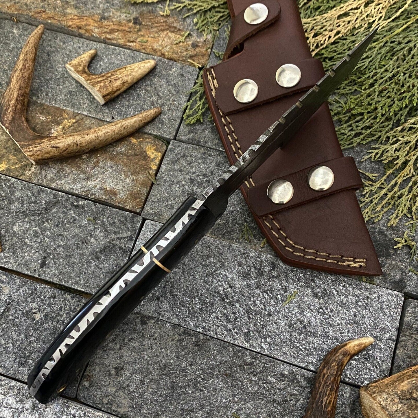 SHARDBLADE CUSTOM HAND FORGED DAMASCUS STEEL TRACKER HUNTING KNIFE WITH SHEATH