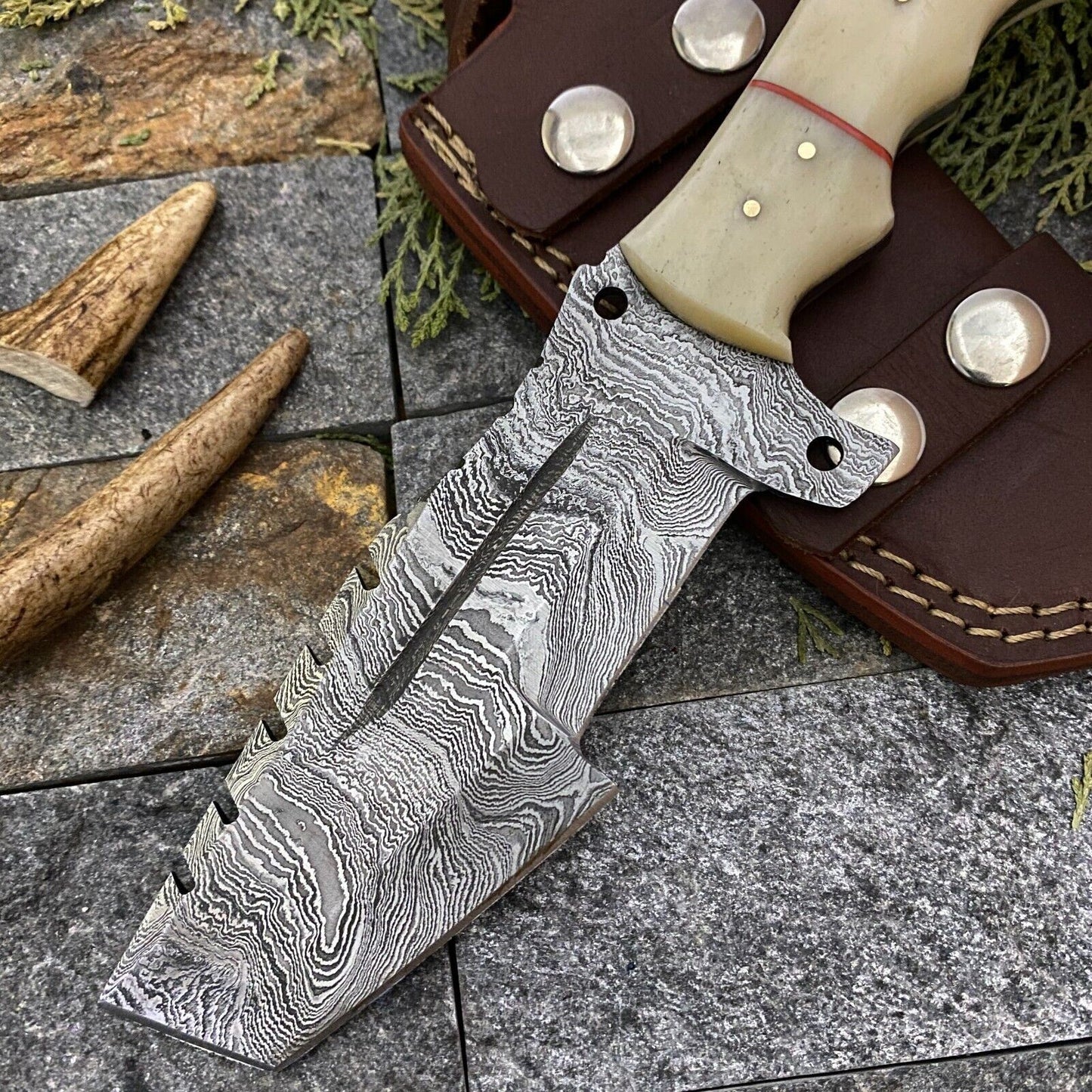 SHARDBLADE CUSTOM HAND FORGED DAMASCUS STEEL TRACKER HUNTING KNIFE WITH SHEATH