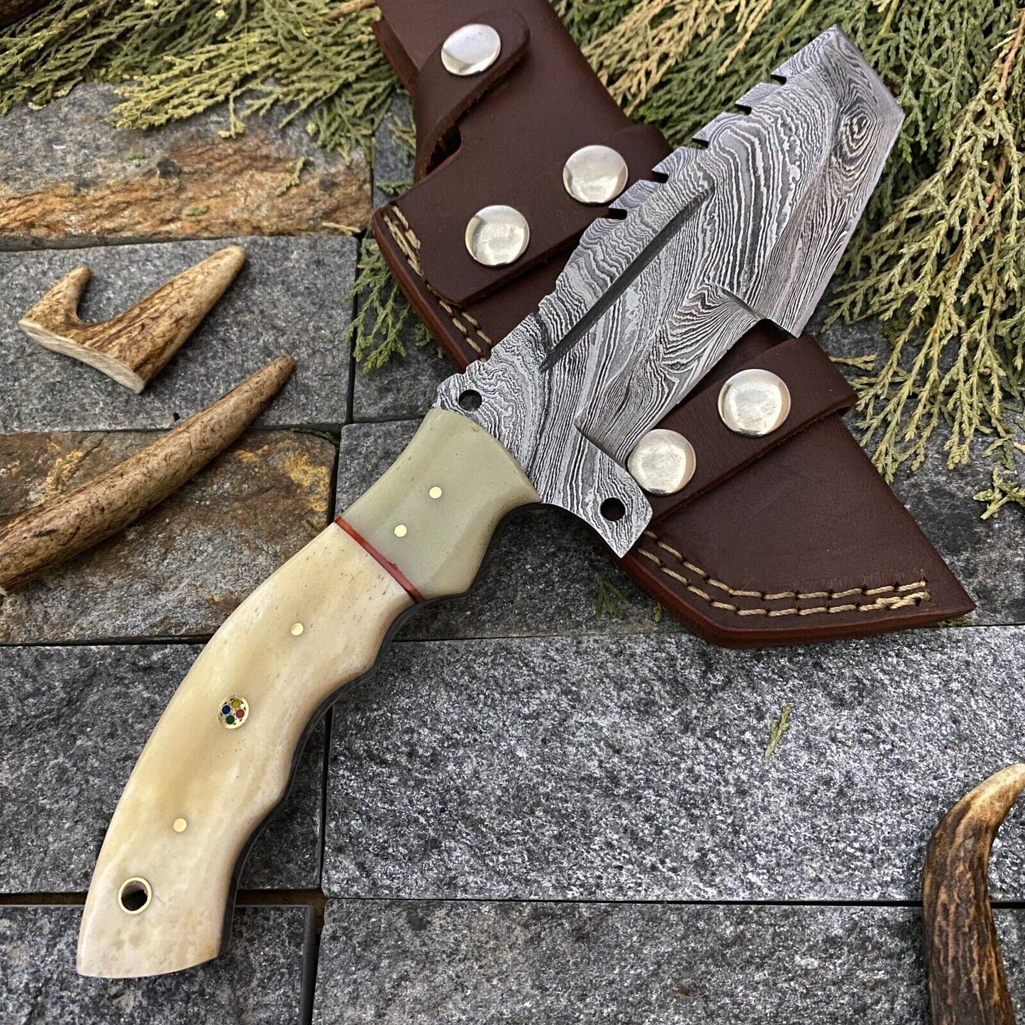 SHARDBLADE CUSTOM HAND FORGED DAMASCUS STEEL TRACKER HUNTING KNIFE WITH SHEATH