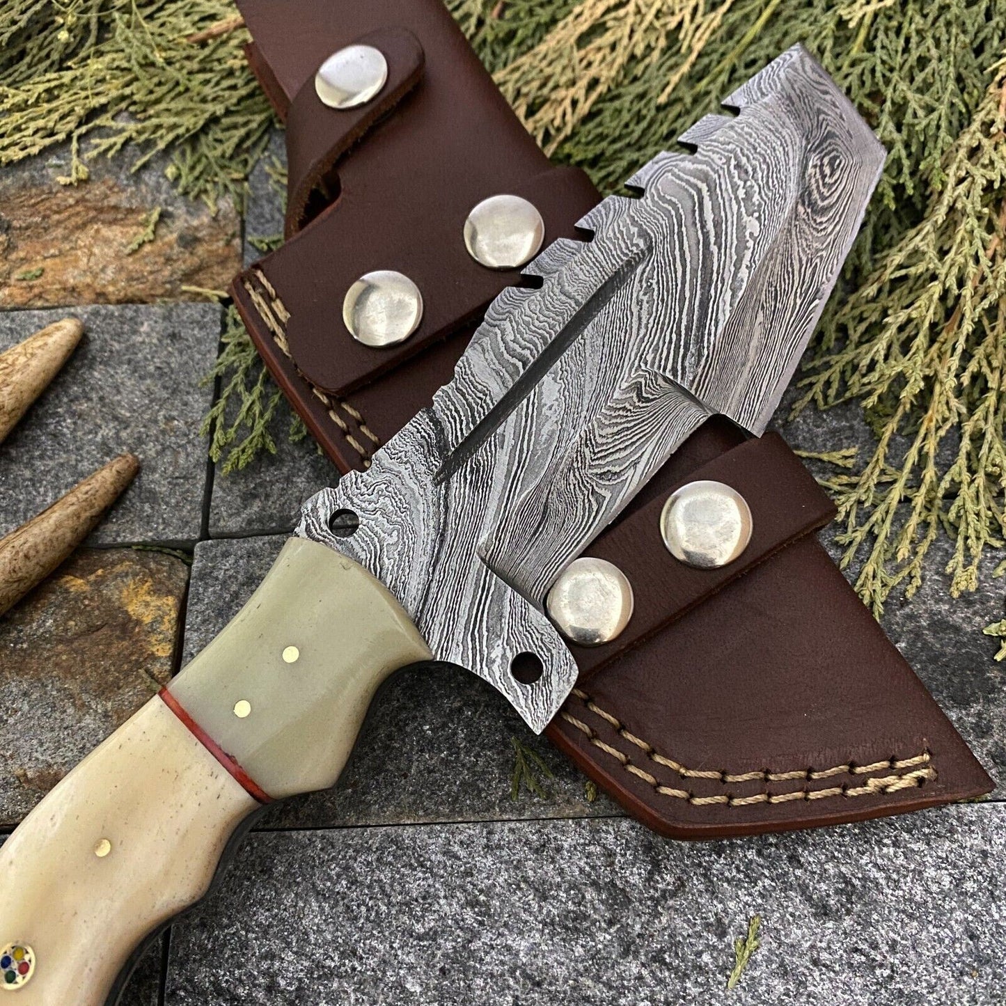 SHARDBLADE CUSTOM HAND FORGED DAMASCUS STEEL TRACKER HUNTING KNIFE WITH SHEATH
