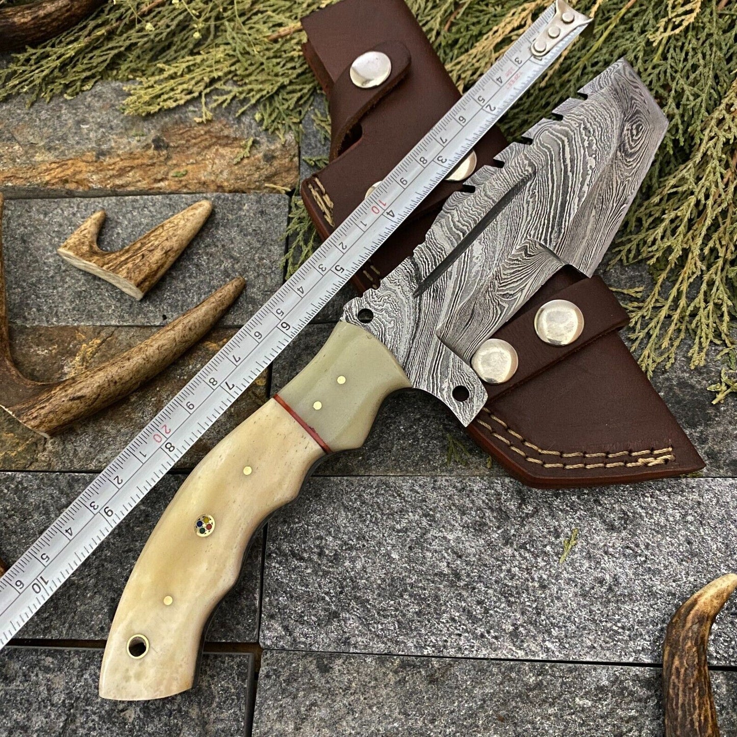 SHARDBLADE CUSTOM HAND FORGED DAMASCUS STEEL TRACKER HUNTING KNIFE WITH SHEATH