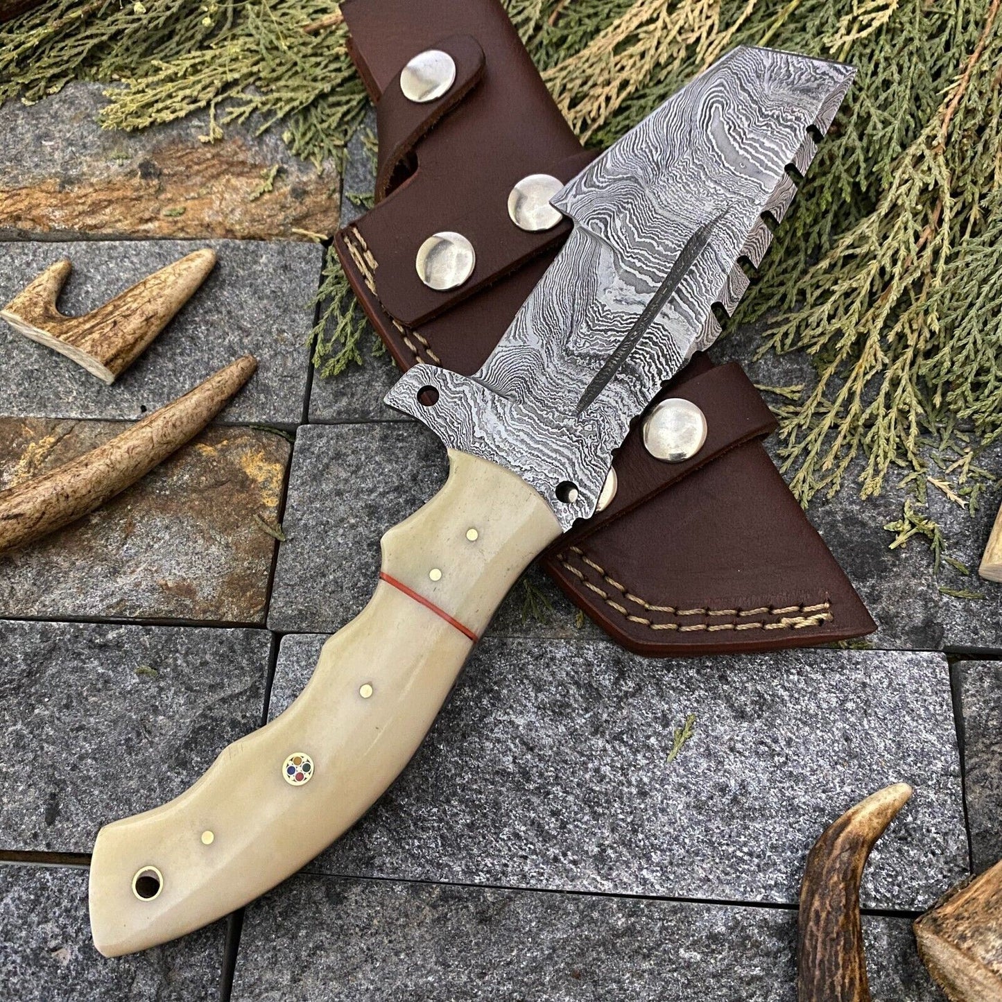 SHARDBLADE CUSTOM HAND FORGED DAMASCUS STEEL TRACKER HUNTING KNIFE WITH SHEATH