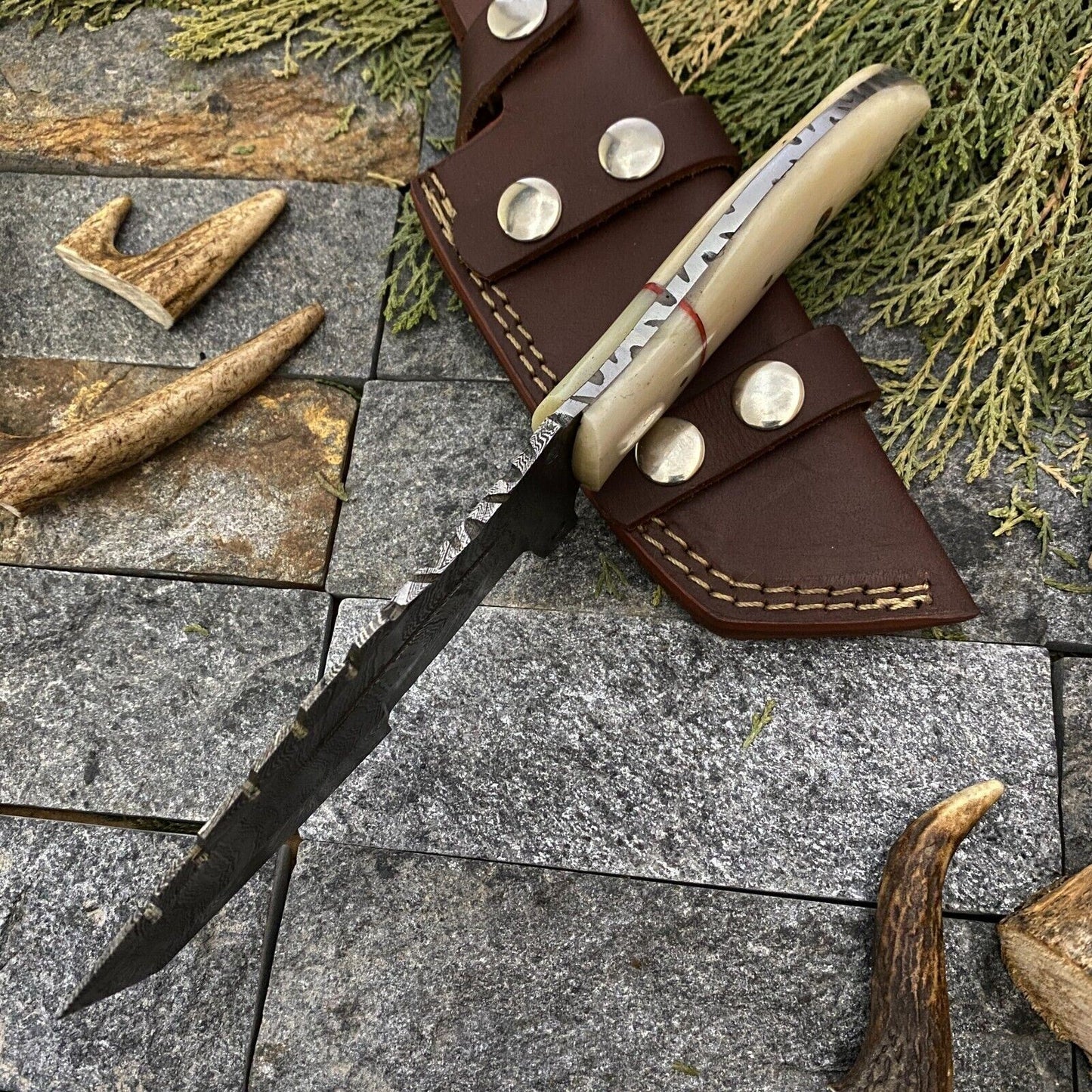 SHARDBLADE CUSTOM HAND FORGED DAMASCUS STEEL TRACKER HUNTING KNIFE WITH SHEATH