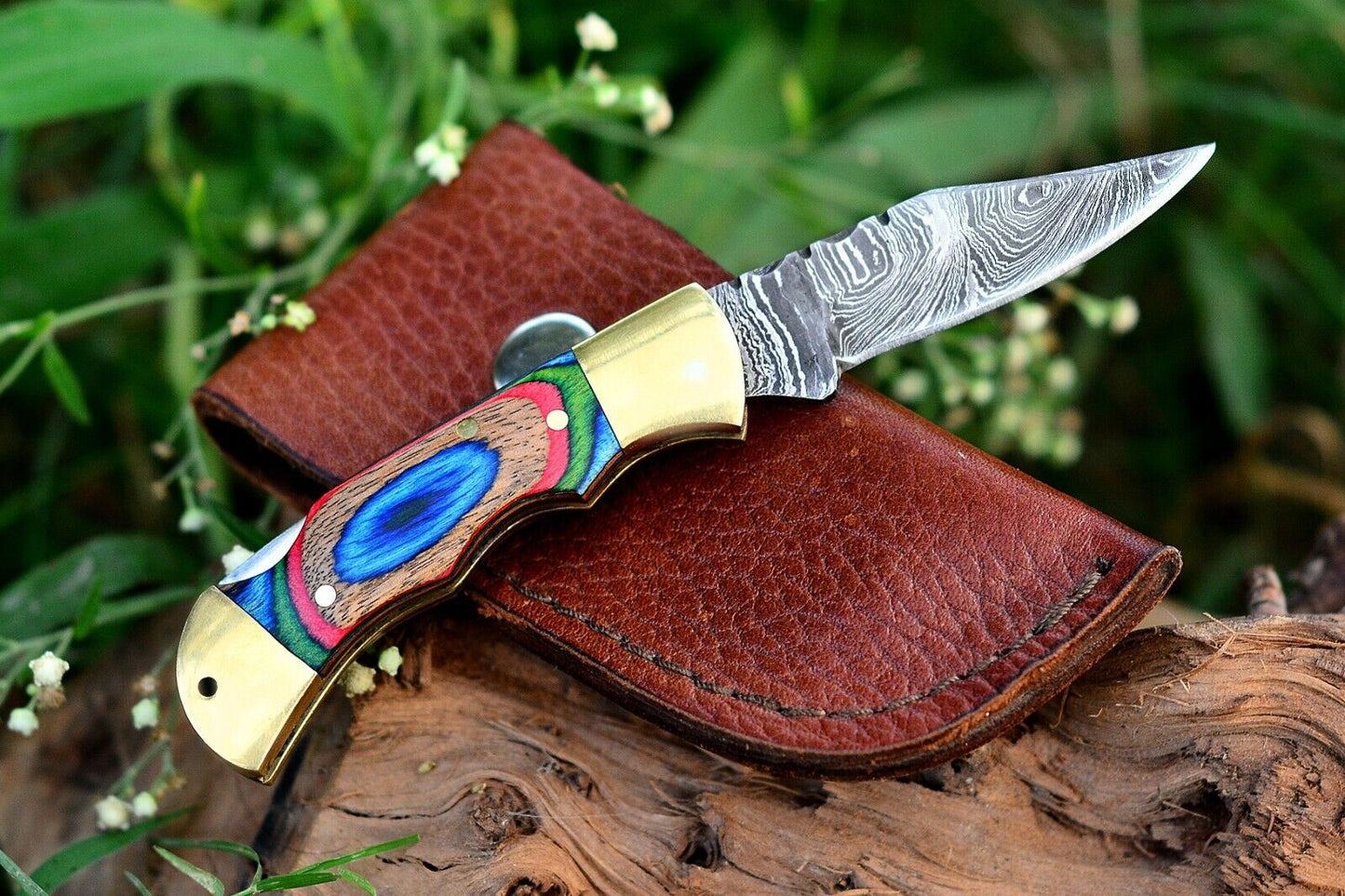 SHARDBLADE CUSTOM HAND FORGED DAMASCUS STEEL EDC Folding Pocket Knife W/Sheath