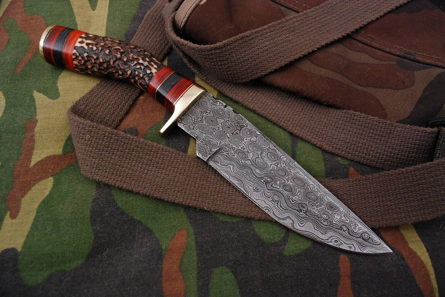 SHARDBLADE 10" HAND FORGED DAMASCUS Steel Hunting Knife Stag/Antler Brass Guard