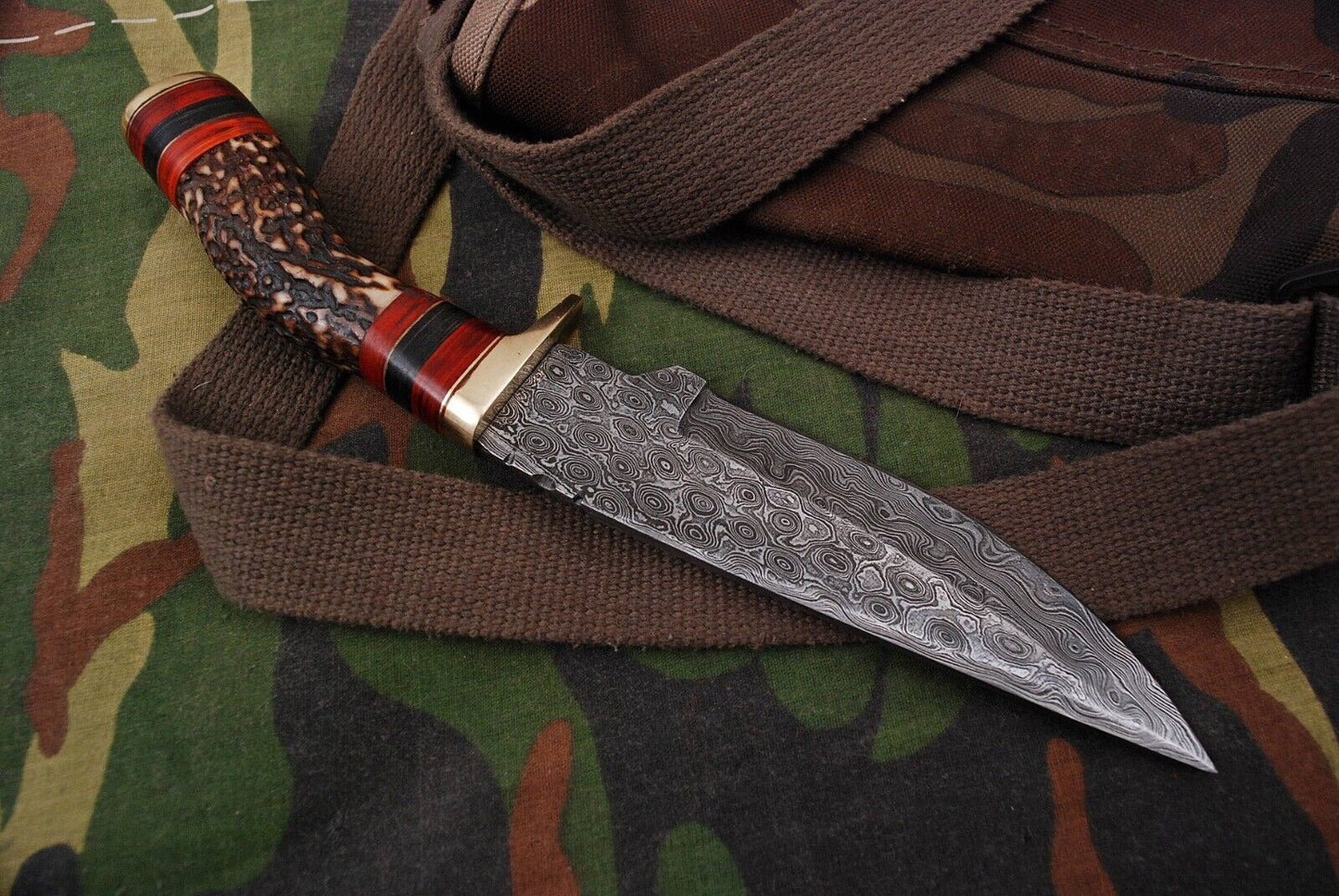 SHARDBLADE 10" HAND FORGED DAMASCUS Steel Hunting Knife Stag/Antler Brass Guard