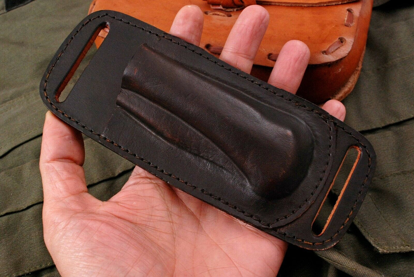 HANDMADE LEATHER HORIZONTAL SHEATH FOR FOLDING POKET KNIFE BUCK 110