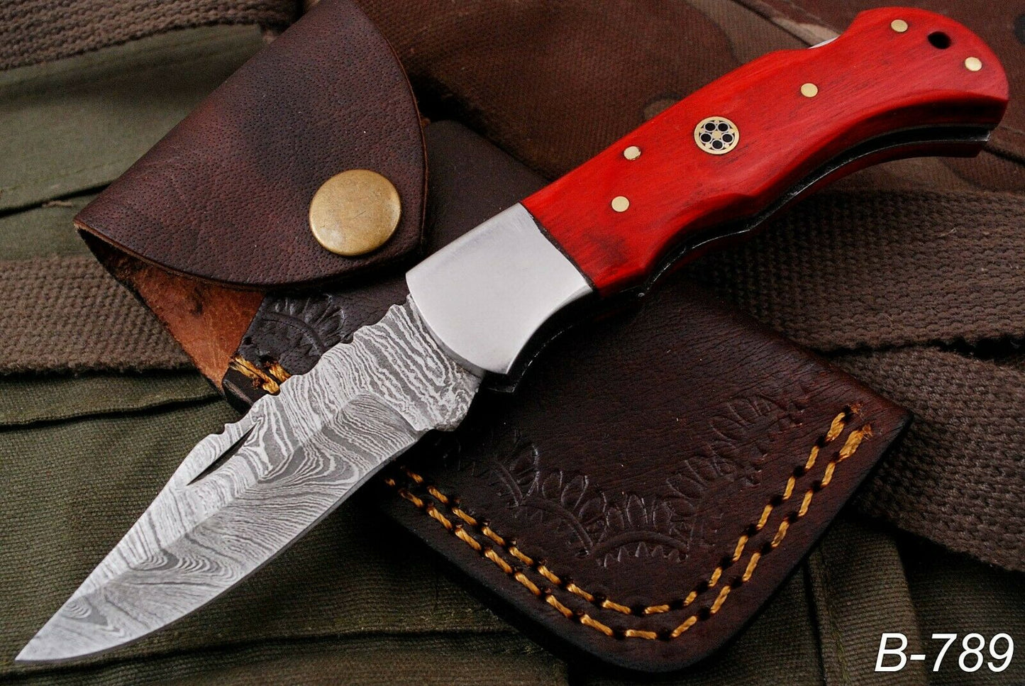 HAND FORGED DAMSACUS Steel Lockback Folding Pocket Knife Red Wood Handle
