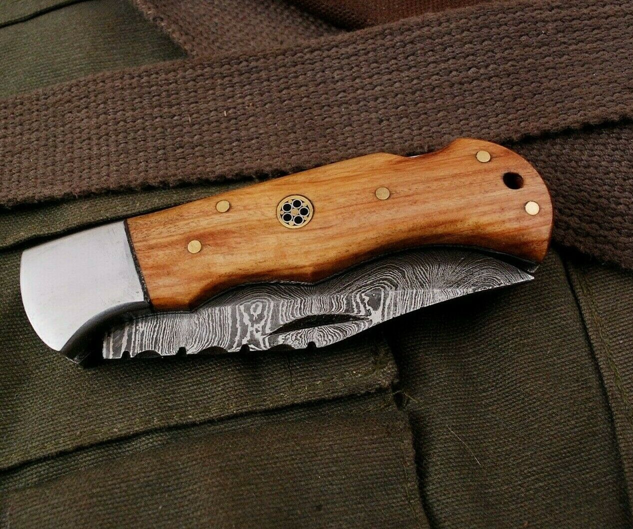 HAND FORGED DAMSACUS Steel Lockback Folding Pocket Knife Olive Wood Handle