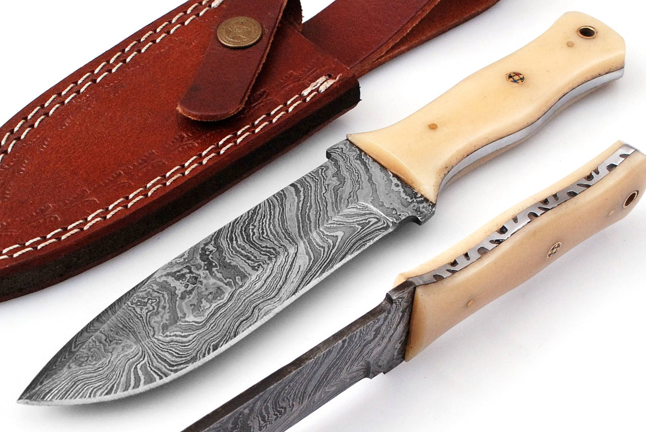 8.5" Custom Handmade Forged Damascus Steel Hunting Fixblade knife camel Bone Handle Come With Genuine Leather Sheath FS119