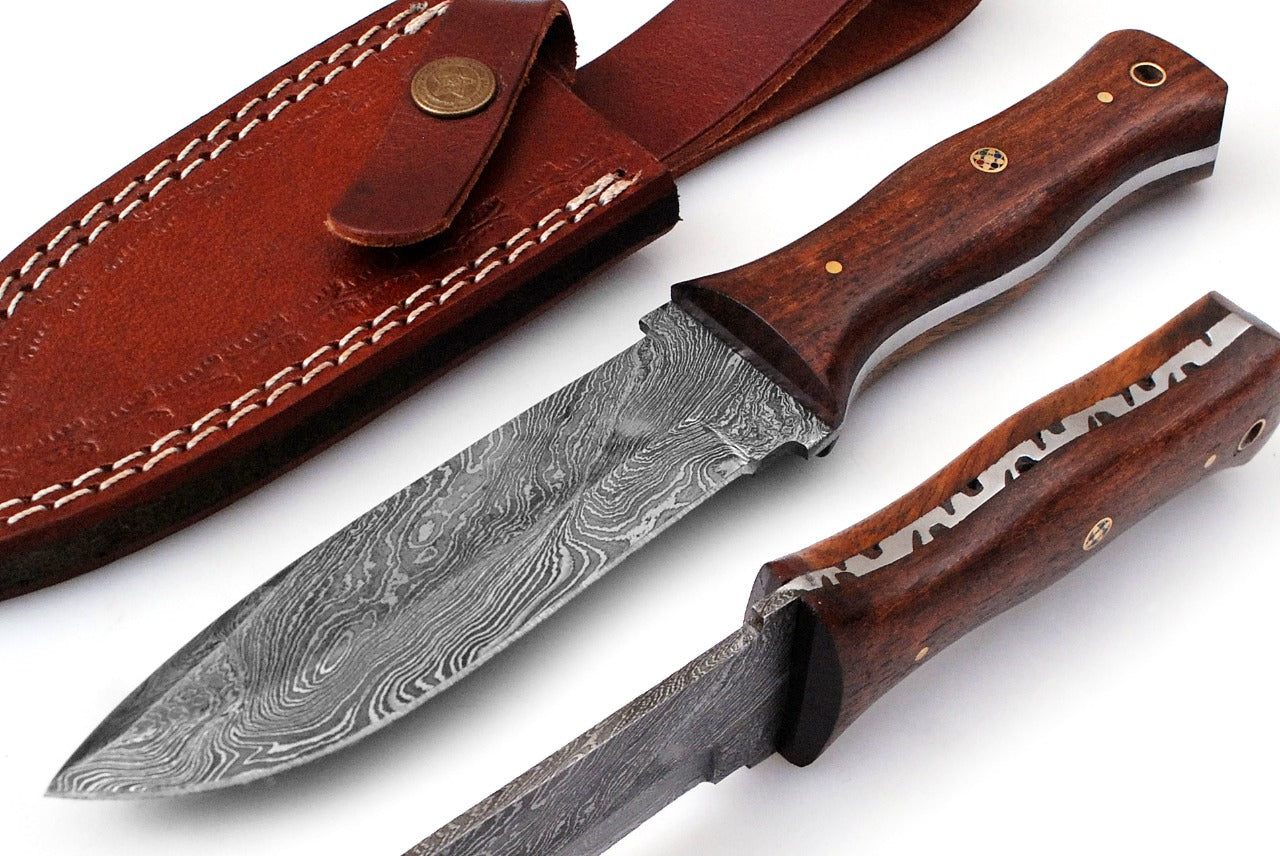 8.5" Custom Handmade Forged Damascus Steel Hunting Fixblade knife Rose Wood Handle Come With Genuine Leather Sheath FS119