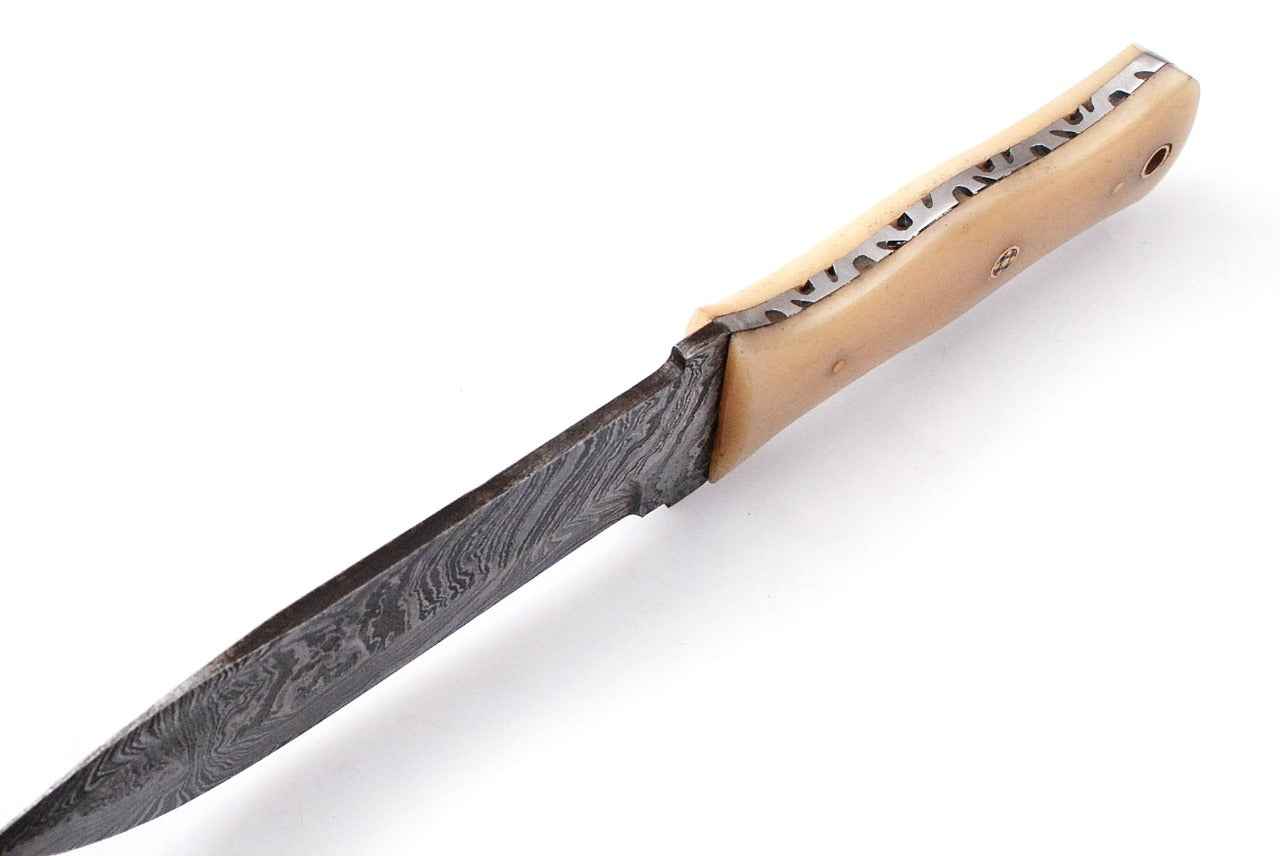 8.5" Custom Handmade Forged Damascus Steel Hunting Fixblade knife camel Bone Handle Come With Genuine Leather Sheath FS119