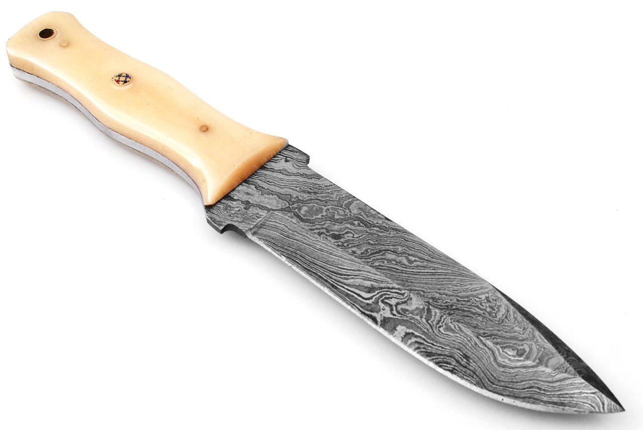 8.5" Custom Handmade Forged Damascus Steel Hunting Fixblade knife camel Bone Handle Come With Genuine Leather Sheath FS119