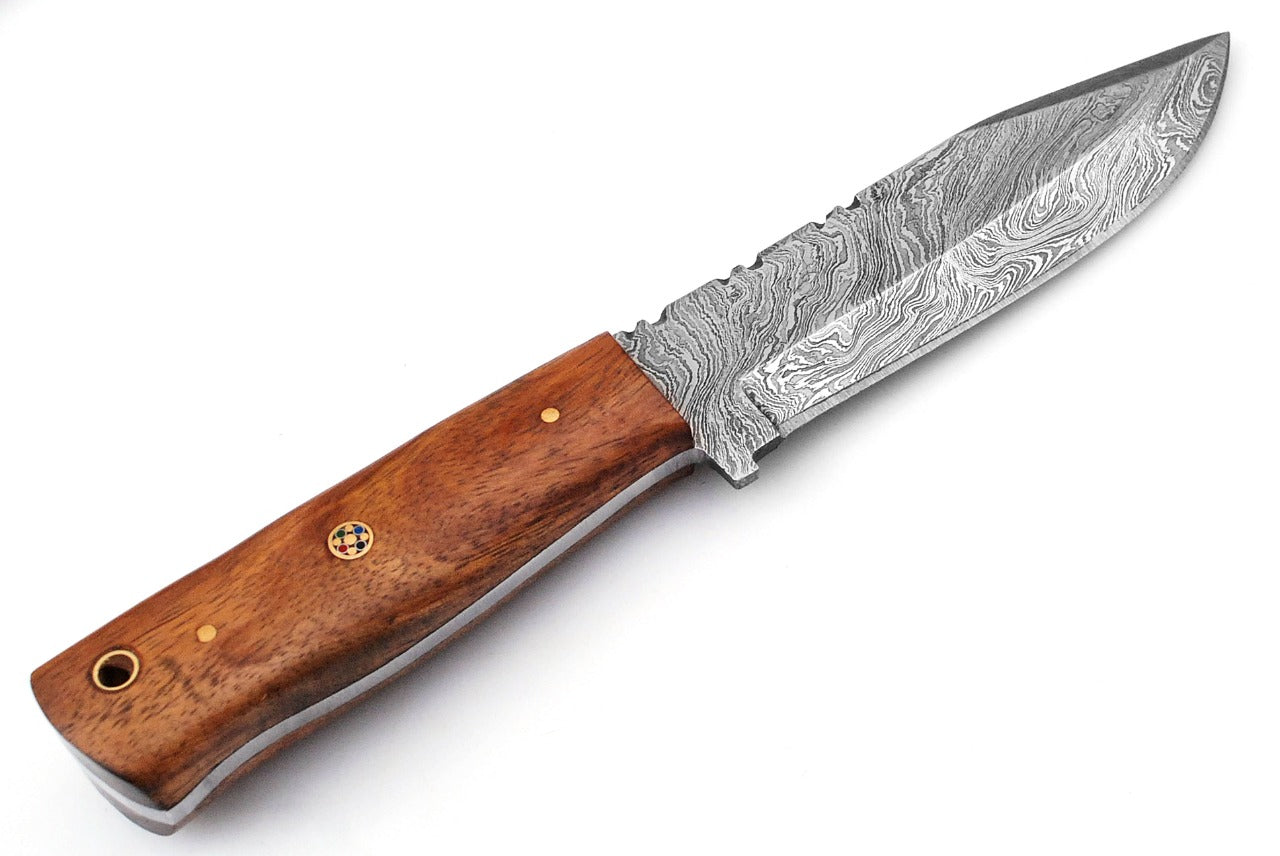 8.5" Custom Handmade Forged Damascus Steel Hunting Fixblade knife Rose Wood Handle Come With Genuine Leather Sheath FS120