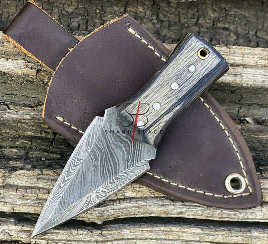 4.5" Hand Forged Damascus Steel Mini Dagger Neck Knife "Black Wood Handle"