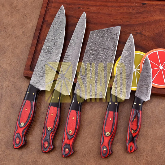 Crimson Vortex – 5-Piece Hand-Forged Damascus Chef Knife Set by Shard Blade