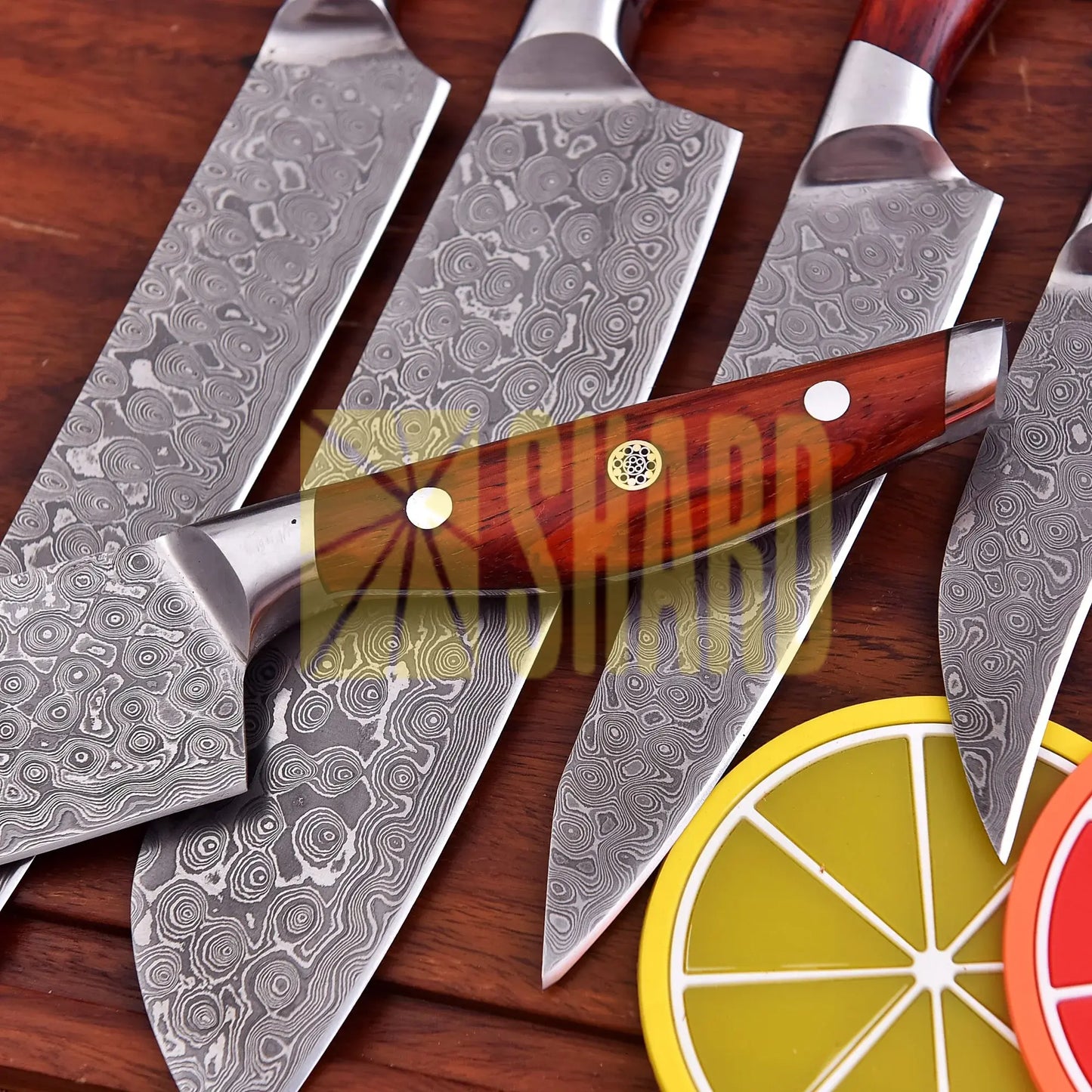 Emberwood Edge – 5-Piece Hand-Forged Damascus Steel Chef Knife Set