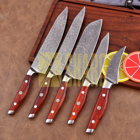 Emberwood Edge – 5-Piece Hand-Forged Damascus Steel Chef Knife Set