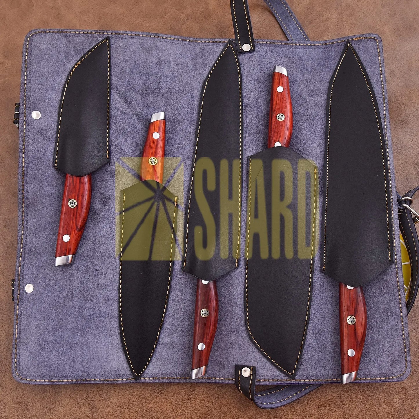 Emberwood Edge – 5-Piece Hand-Forged Damascus Steel Chef Knife Set
