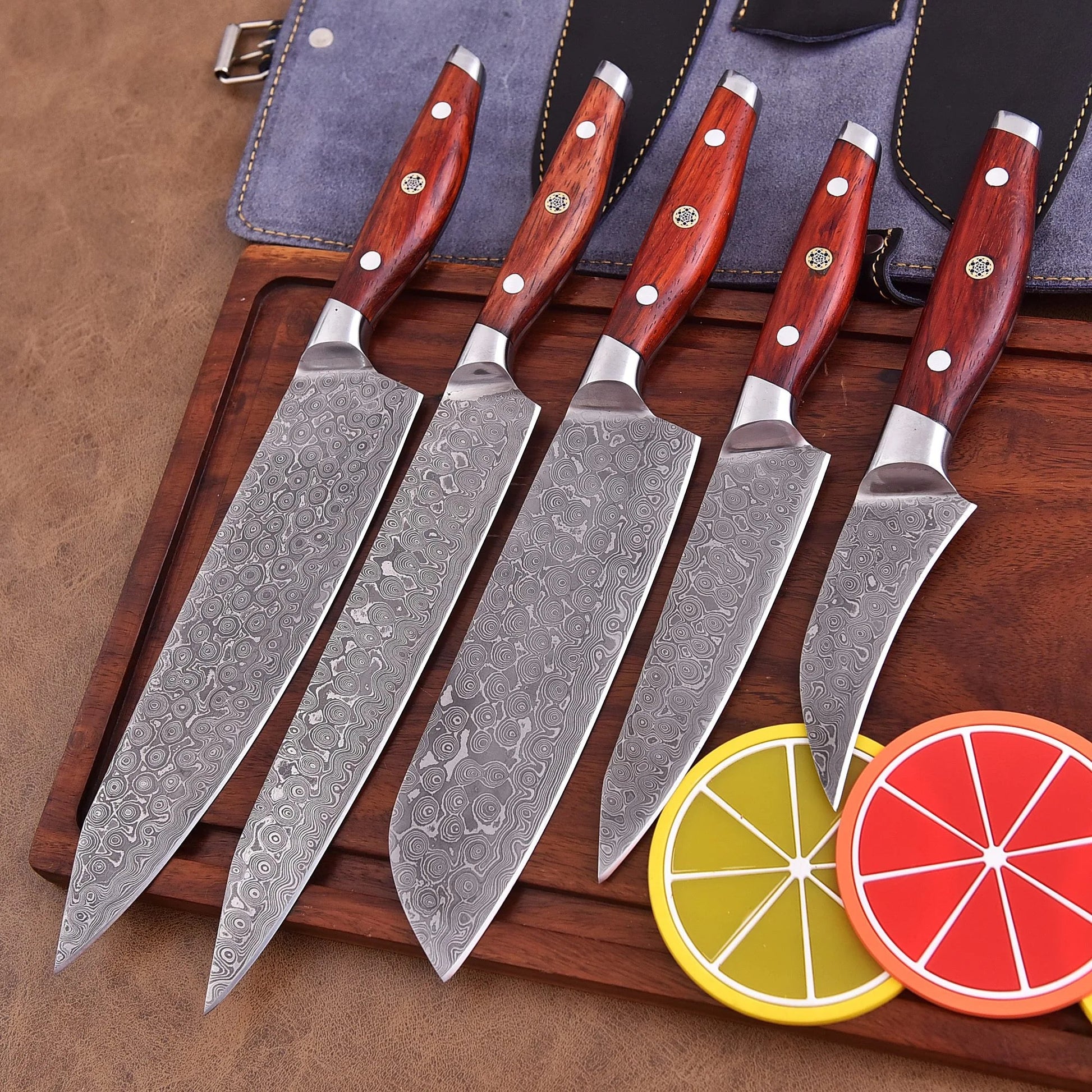 Emberwood Edge 5-piece Damascus chef knife set with natural rosewood handles and leather roll by Shard Blade