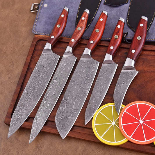 Emberwood Edge 5-piece Damascus chef knife set with natural rosewood handles and leather roll by Shard Blade