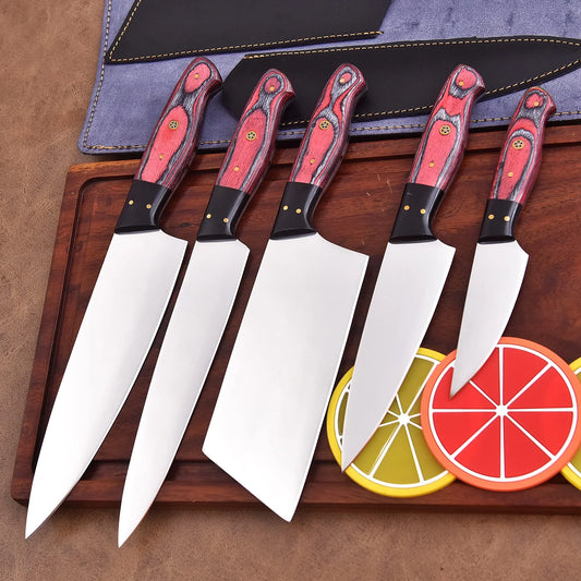 Inferna Veil Damascus steel chef knife set with red resin and black wood handles by Shard Blade