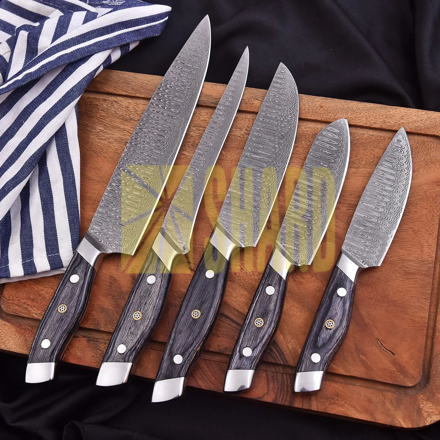 Obsidian Rain – 5-Piece Hand-Forged Damascus Raindrop Chef Knife Set by Shard Blade
