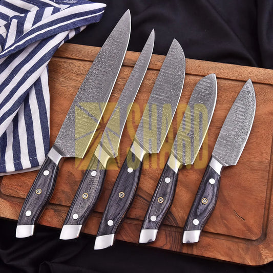 Obsidian Rain – 5-Piece Hand-Forged Damascus Raindrop Chef Knife Set by Shard Blade