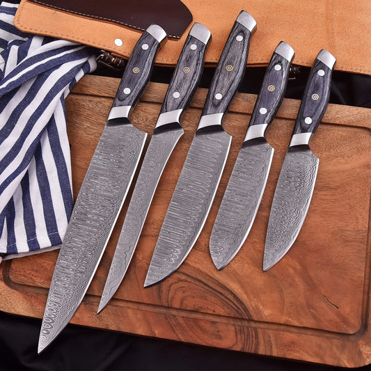 Obsidian Rain 5-piece Damascus steel chef knife set with dyed black wood handles by Shard Blade