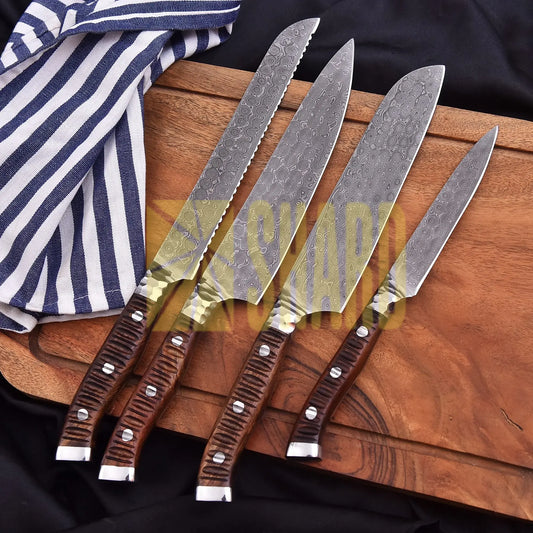 Emberstrike – 4-Piece Hand-Forged Damascus Chef Knife Set by Shard Blade