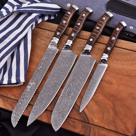 Emberstrike 4-piece Damascus chef knife set with hammered steel bolsters and striated natural wood handles by Shard Blade