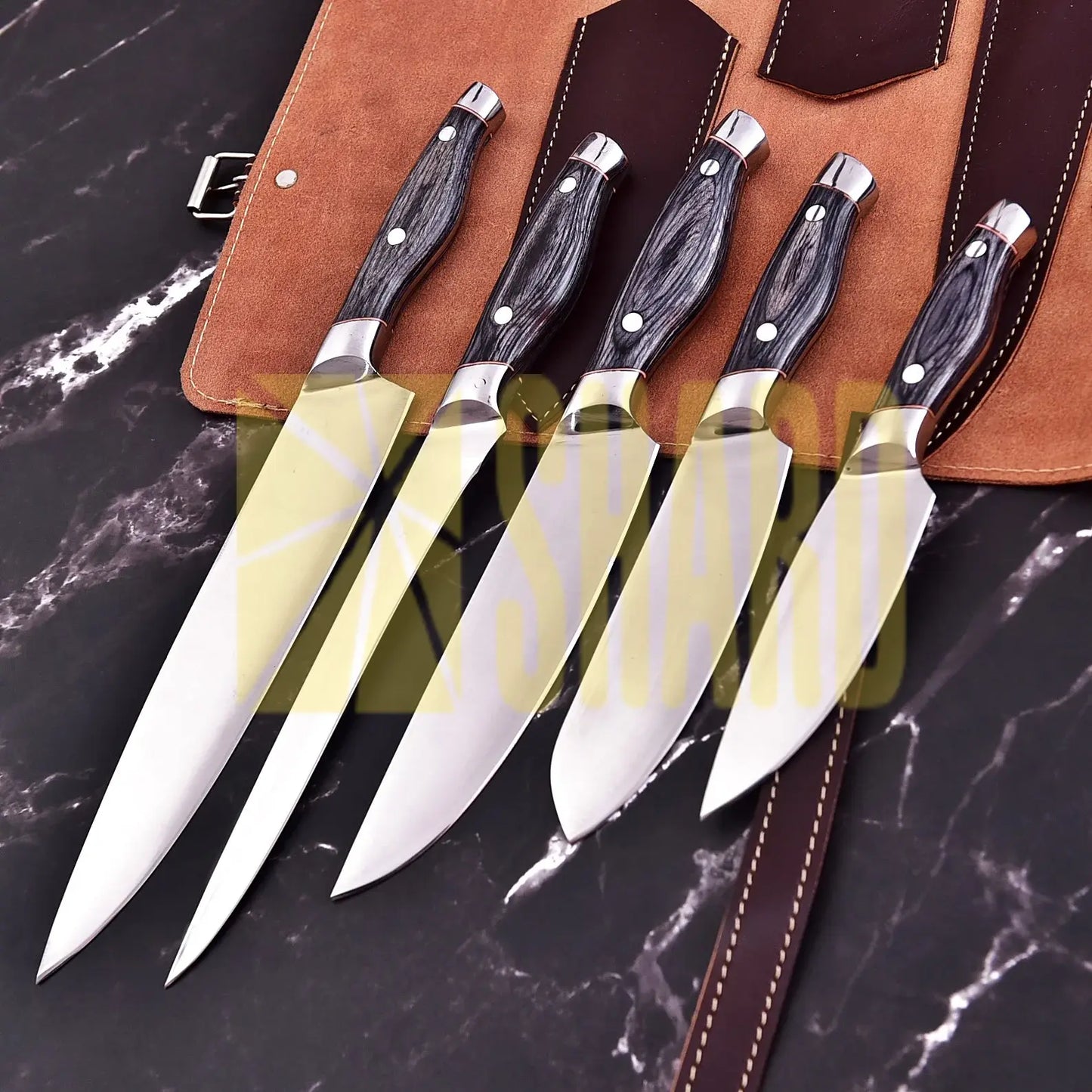 ClearSteel 5 Piece Artisan Chef Set with Distressed Wood Handles