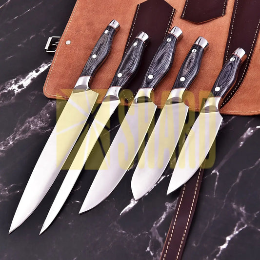 ClearSteel 5 Piece Artisan Chef Set with Distressed Wood Handles