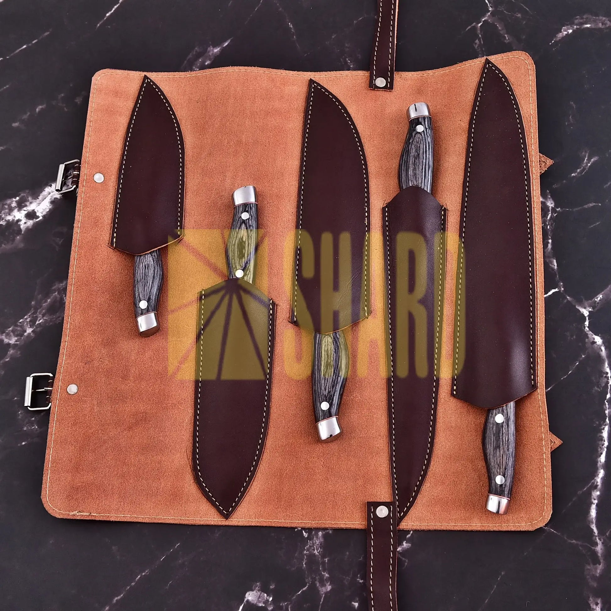 ClearSteel 5 Piece Artisan Chef Set with Distressed Wood Handles