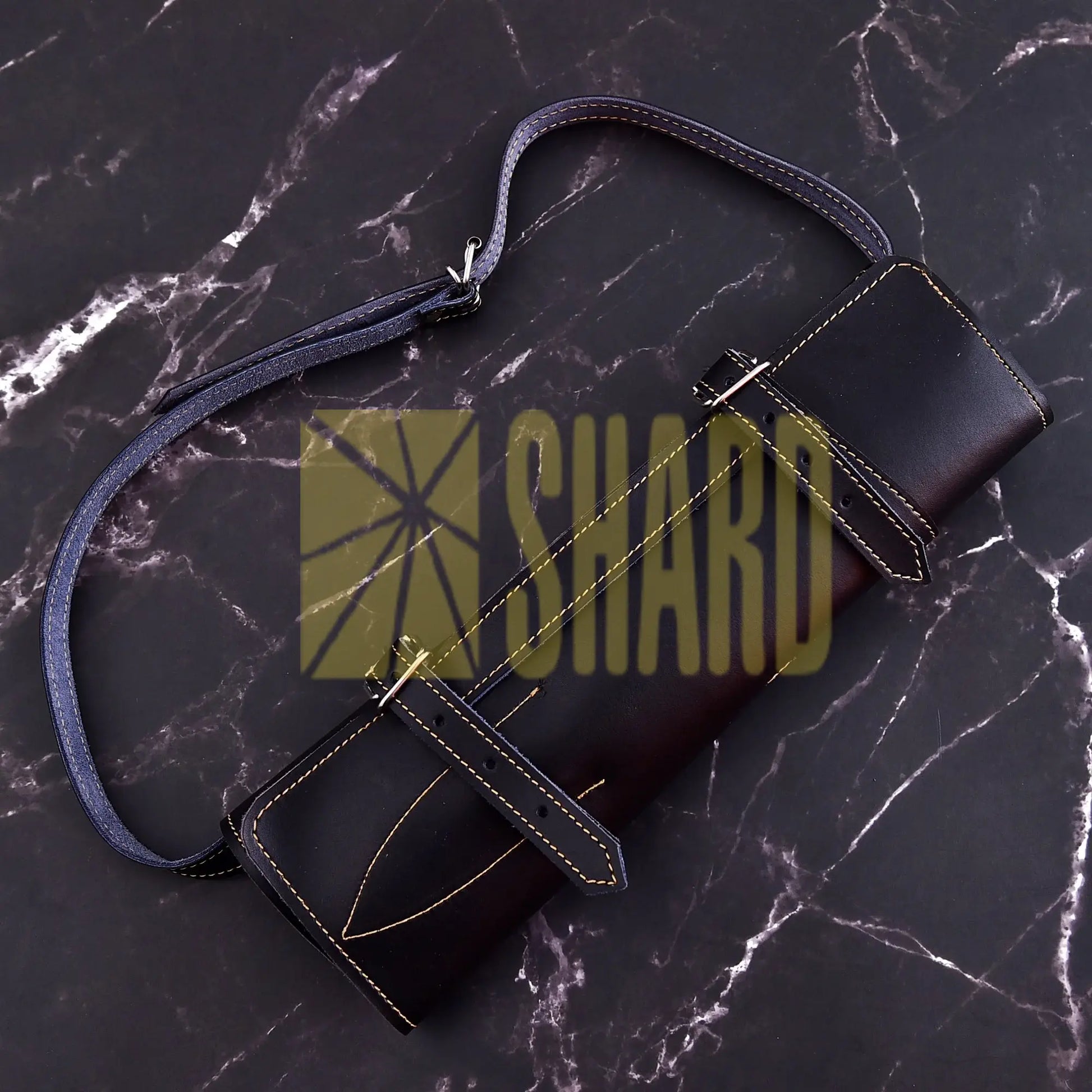 Handmade 5-piece chef set with clear steel finish, polished bolster, rosewood handles, and leather roll.