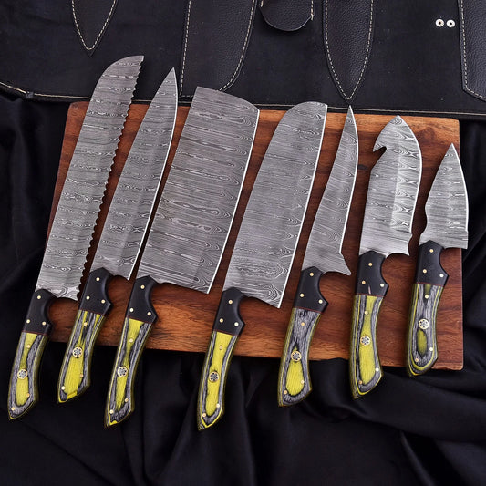 High-quality image of 7 pieces handmade custom damascus steel knife chef set with hornet colored wood handle and leather cutlery roll